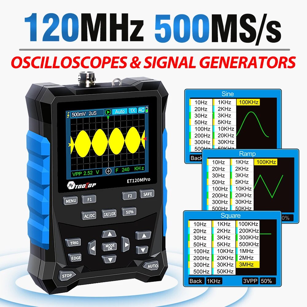 Digital Storage Oscilloscope 100Mhz - Tooltop ออสซิโลสโคปดิจิทัล120MHz, ออสซิลโลสโคป500มิลลิเซคอน/วินาทีแบบ2 in 1ในรถยนต์หน้ากาก DIY